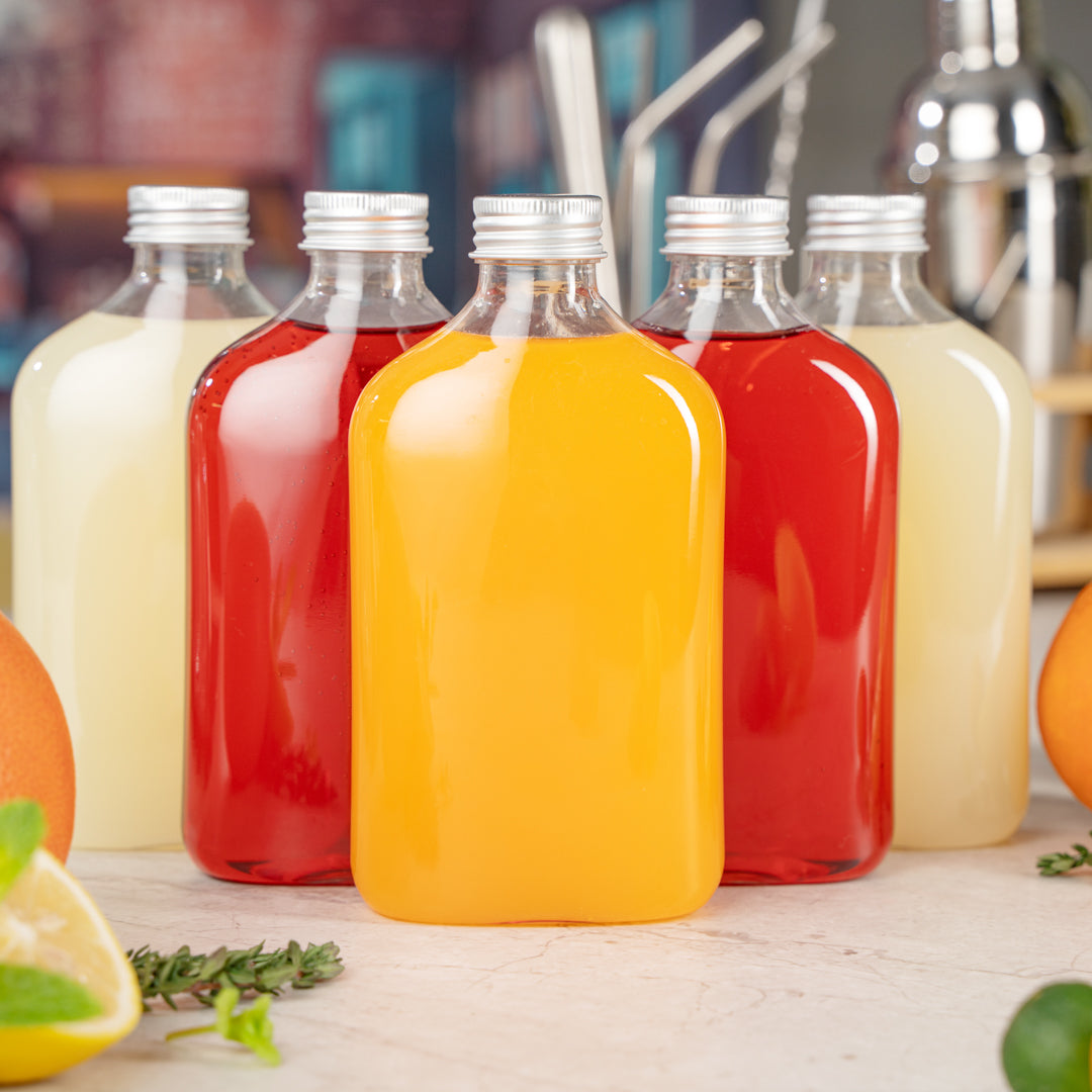 Bottle Tek 10 oz Clear Plastic Flask Container - with Aluminum Lid - 3 1/4" x 1 3/4" x 6 1/4" - 100 count box