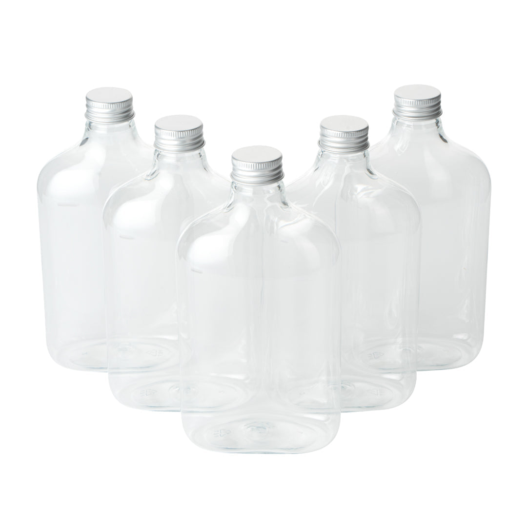 Bottle Tek 17 oz Clear Plastic Flask Container - with Aluminum Lid - 3 3/4" x 2" x 7" - 100 count box