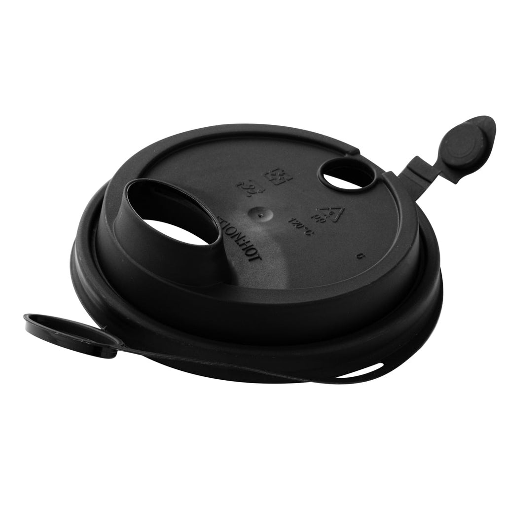 Bev Tek Black Plastic 2-in-1 Straw or Sippy Cup Lid - with Two Plugs, Fits 12, 16 and 24 oz - 500 count box