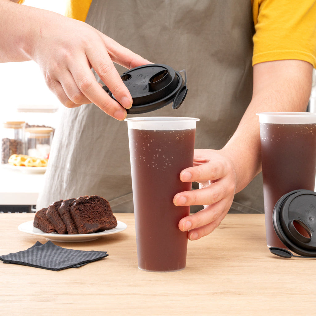 Bev Tek Black Plastic 2-in-1 Straw or Sippy Cup Lid - with Two Plugs, Fits 12, 16 and 24 oz - 500 count box