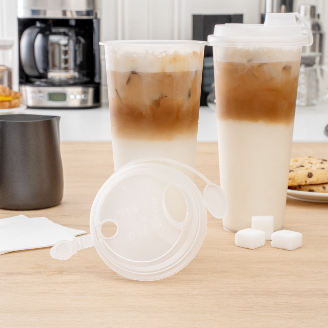 Bev Tek Clear Plastic 2-in-1 Straw or Sippy Cup Lid - with Two Plugs, Fits 12, 16 and 24 oz - 25 count box