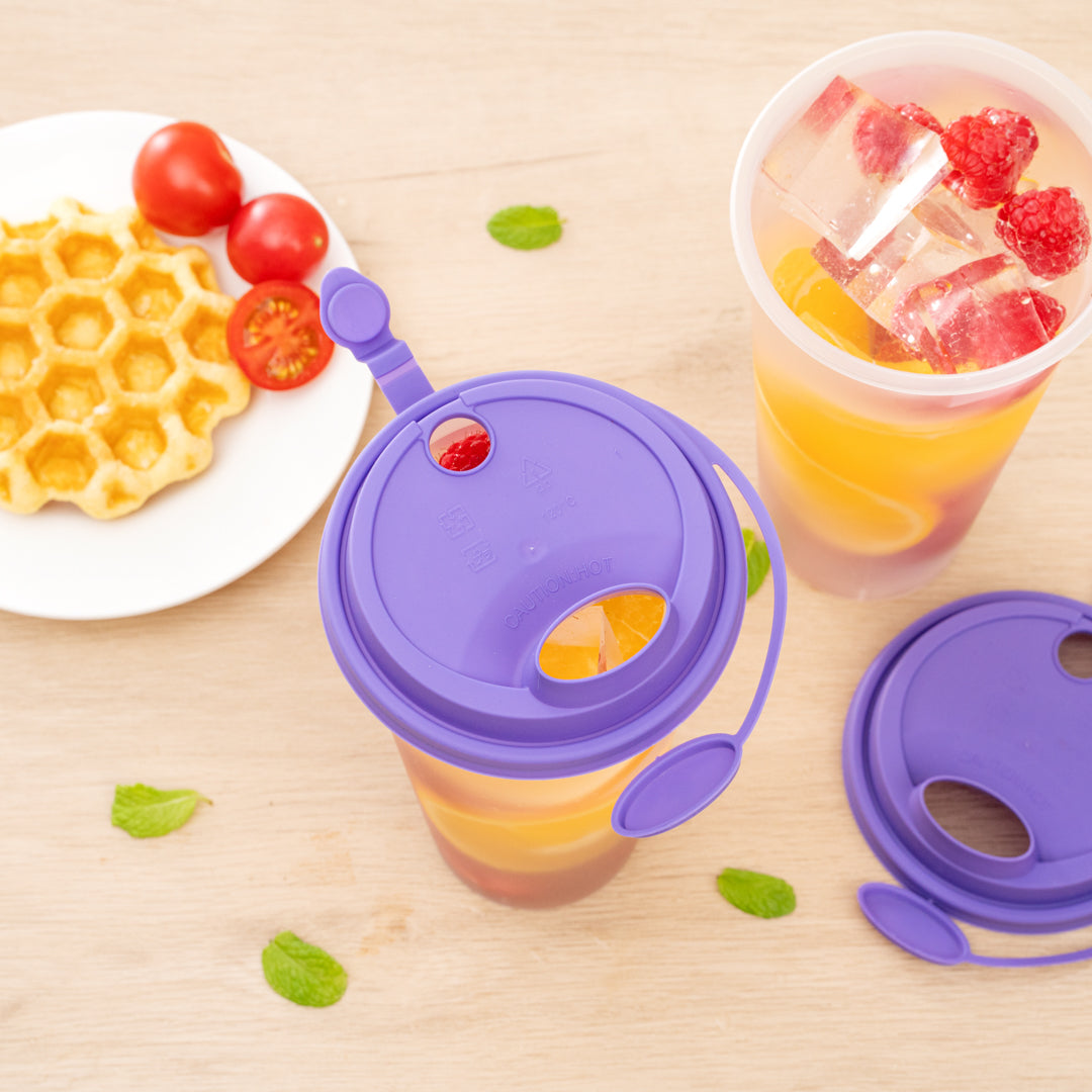 Bev Tek Purple Plastic 2-in-1 Straw or Sippy Cup Lid - with Two Plugs, Fits 12, 16 and 24 oz - 25 count box