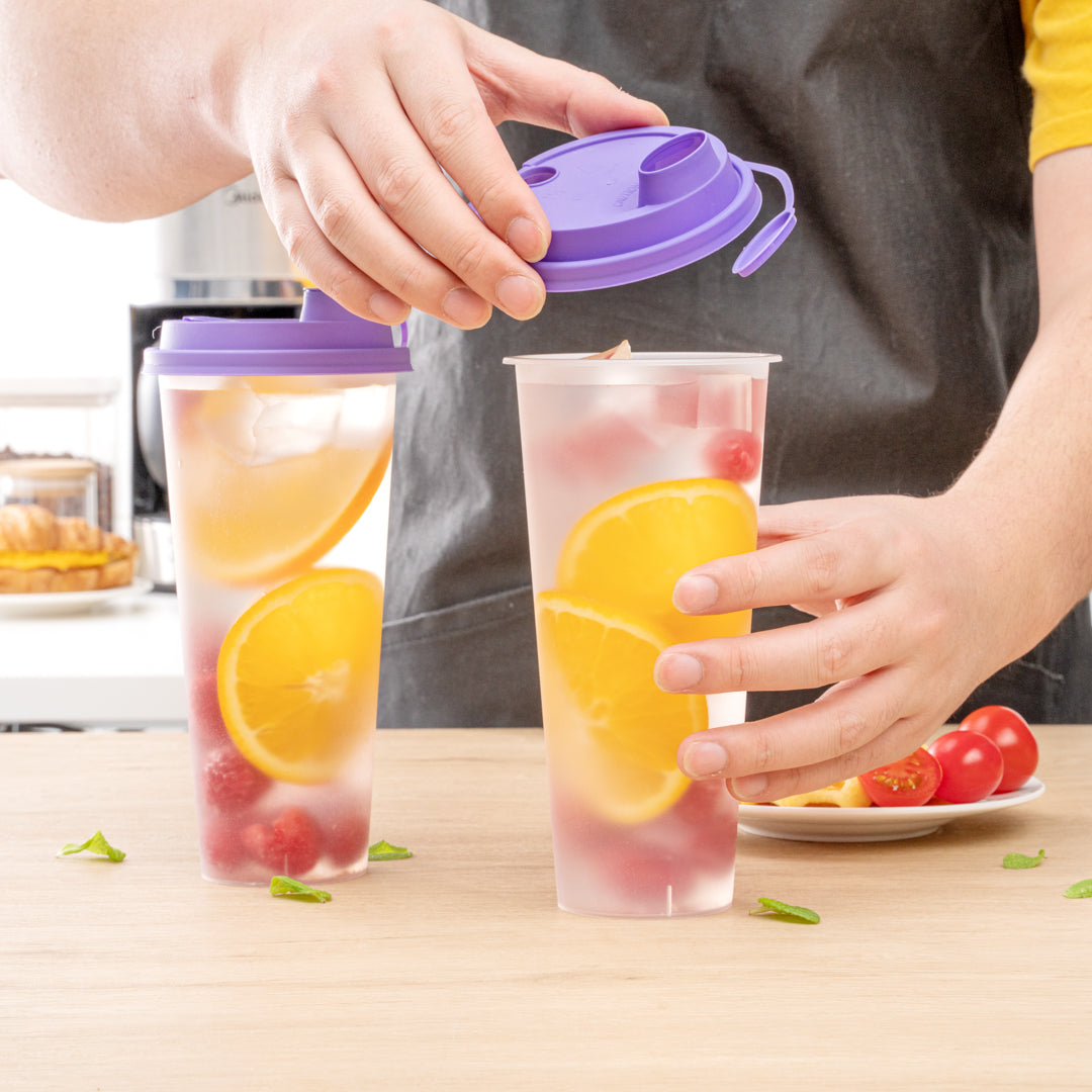 Bev Tek Purple Plastic 2-in-1 Straw or Sippy Cup Lid - with Two Plugs, Fits 12, 16 and 24 oz - 25 count box
