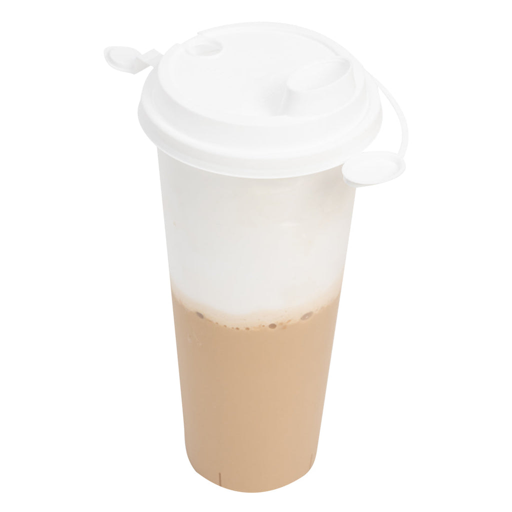 Bev Tek White Plastic 2-in-1 Straw or Sippy Cup Lid - with Two Plugs, Fits 12, 16 and 24 oz - 25 count box
