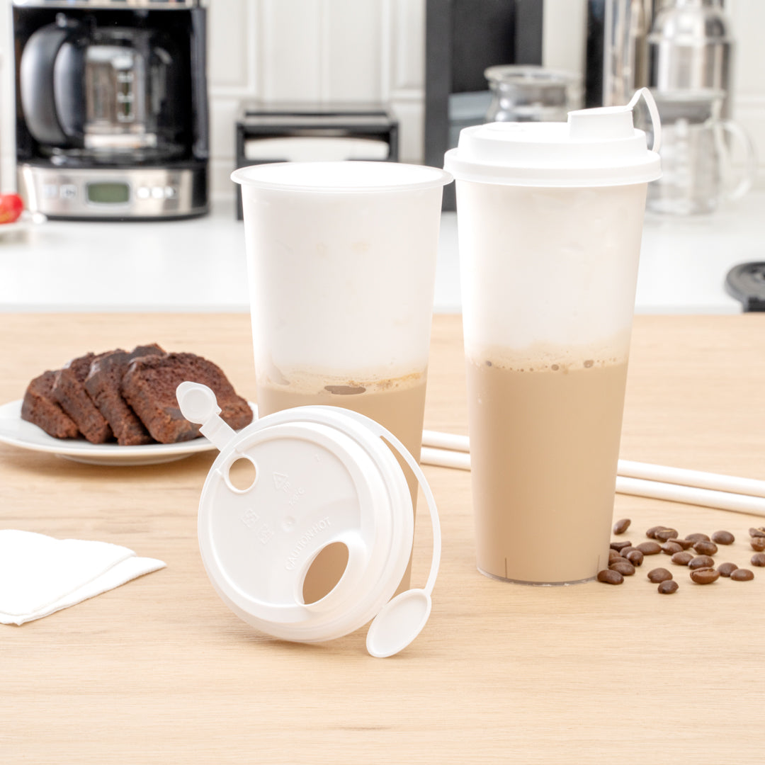 Bev Tek White Plastic 2-in-1 Straw or Sippy Cup Lid - with Two Plugs, Fits 12, 16 and 24 oz - 25 count box