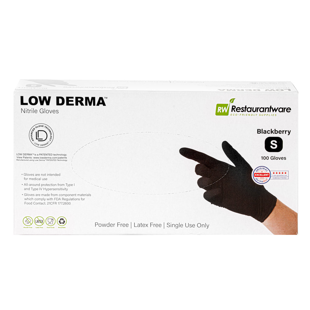 Low Derma Blackberry Small Nitrile Gloves - Hypoallergenic, Non-Sterile, Powder-Free - 100 count box