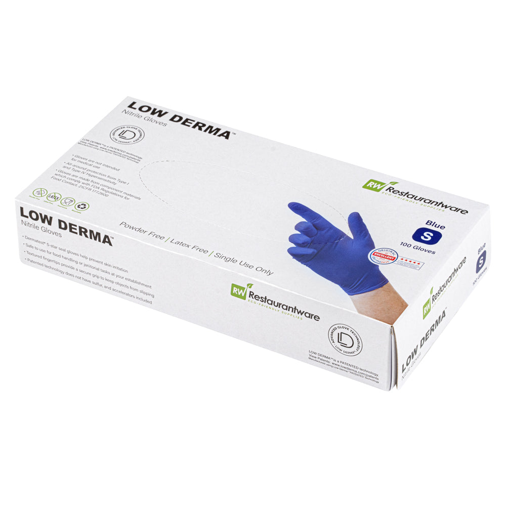 Low Derma Blue Small Nitrile Gloves - Hypoallergenic, Non-Sterile, Powder-Free - 100 count box