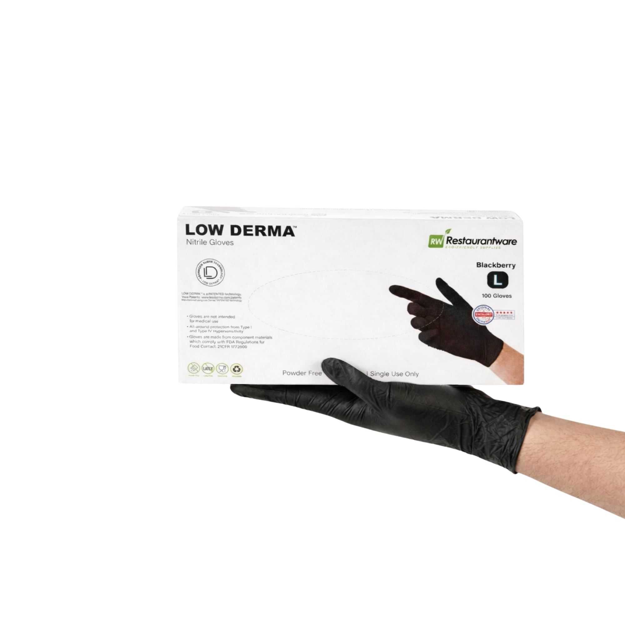 Low Derma Blackberry Large Nitrile Gloves - Hypoallergenic, Non-Sterile, Powder-Free - 100 count box