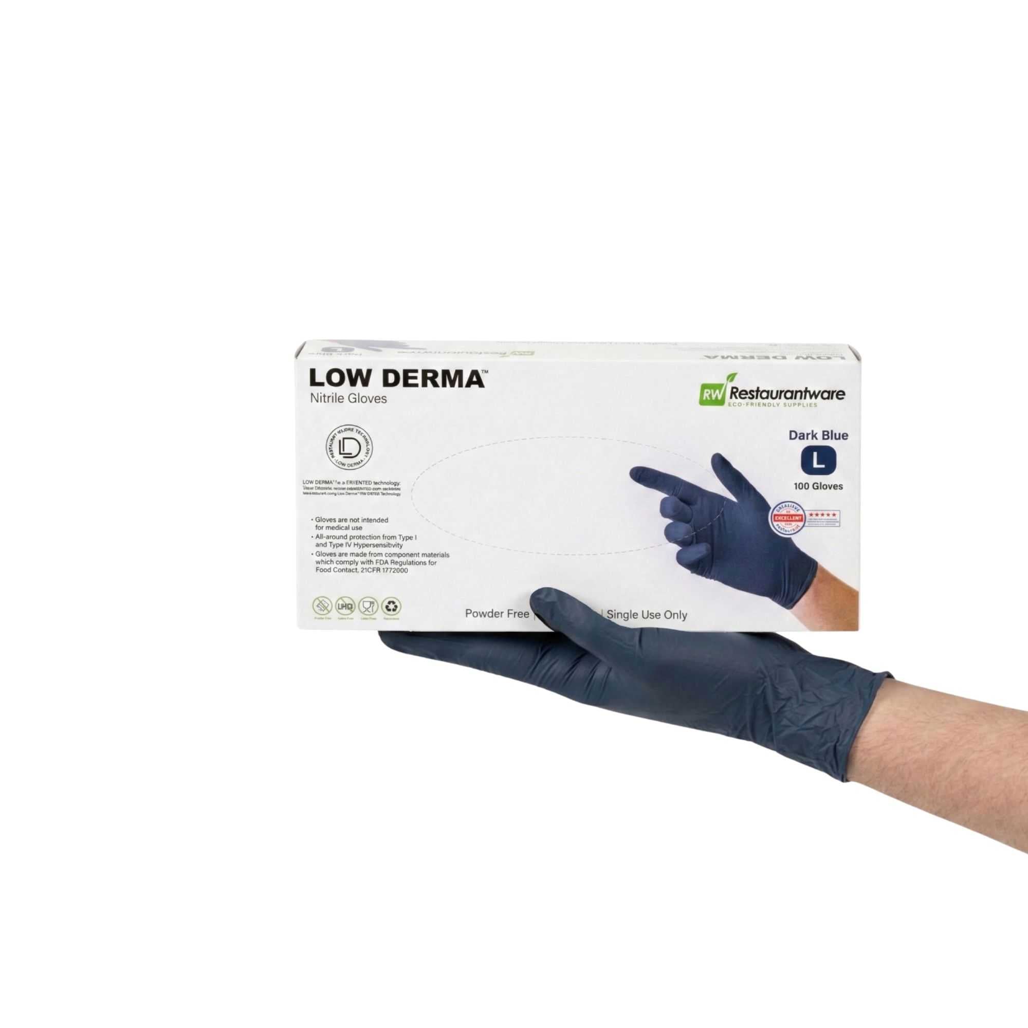 Low Derma Dark Blue Large Nitrile Gloves - Hypoallergenic, Non-Sterile, Powder-Free - 100 count box