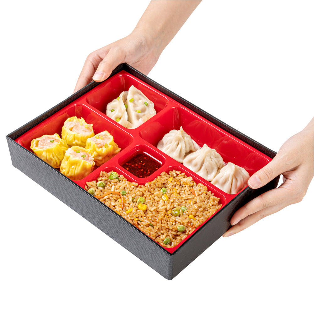 Bento Tek Rectangle Black and Red Small Japanese Style Bento Box - 5 Compartments - 10 3/4" x 8 1/4" x 2 1/4" - 1 count box