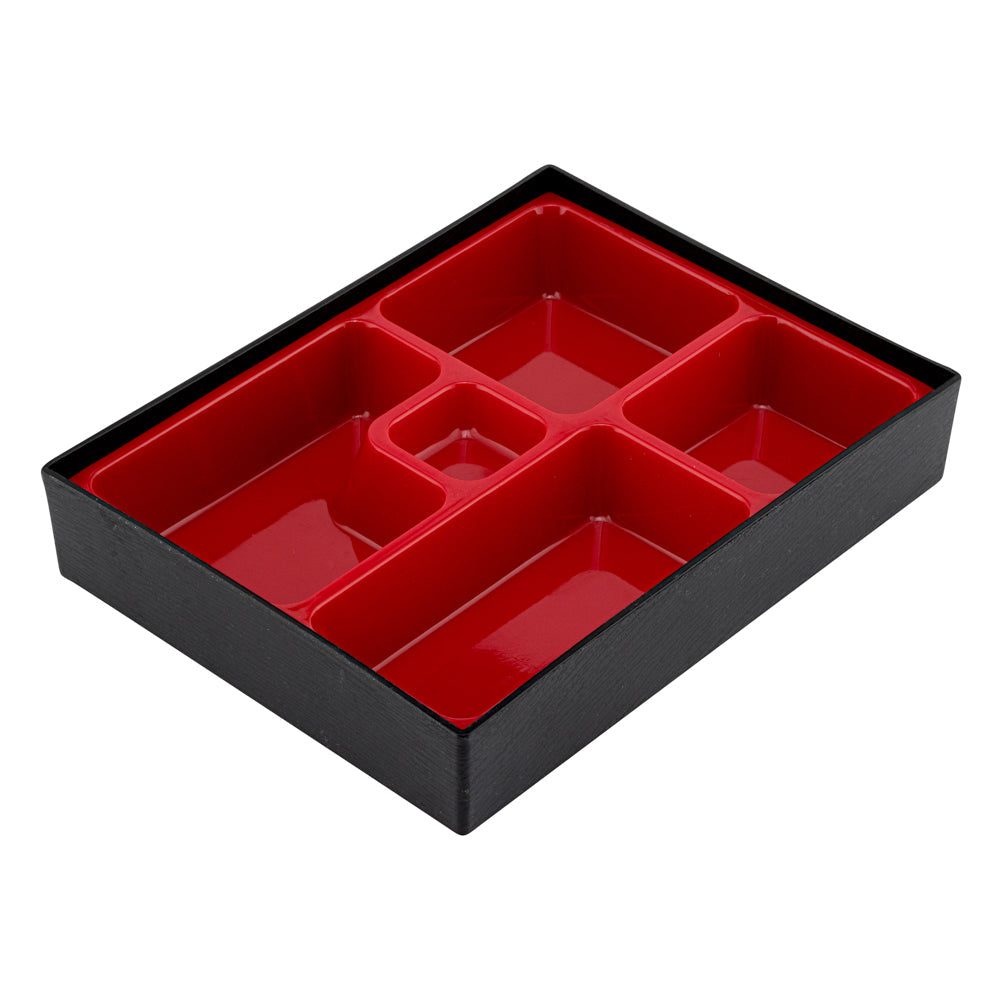 Bento Tek Rectangle Black and Red Small Japanese Style Bento Box - 5 Compartments - 10 3/4" x 8 1/4" x 2 1/4" - 1 count box