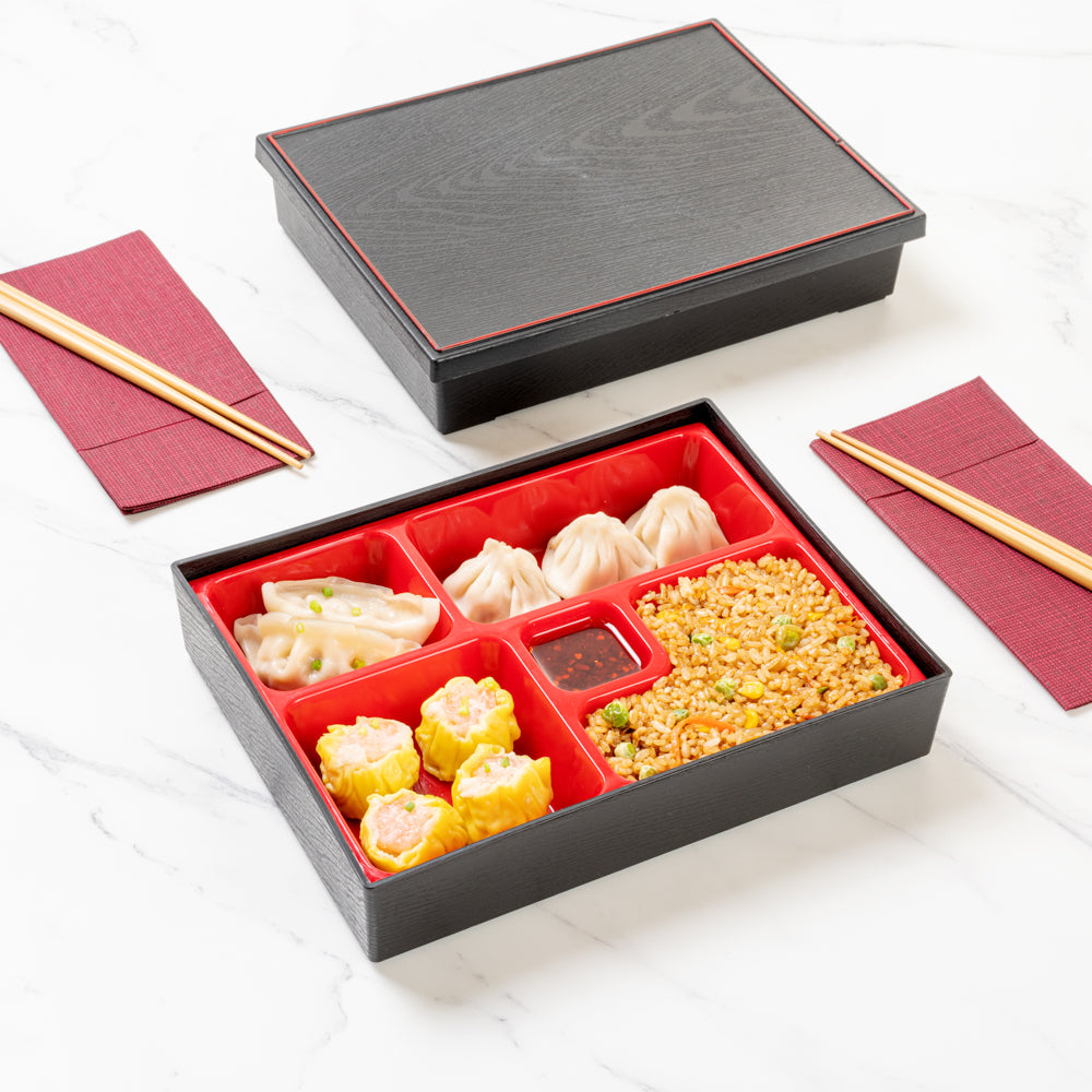 Bento Tek Rectangle Black and Red Small Japanese Style Bento Box - 5 Compartments - 10 3/4" x 8 1/4" x 2 1/4" - 1 count box