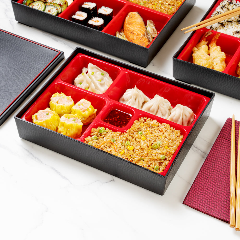 Bento Tek Rectangle Black and Red Small Japanese Style Bento Box - 5 Compartments - 10 3/4" x 8 1/4" x 2 1/4" - 1 count box