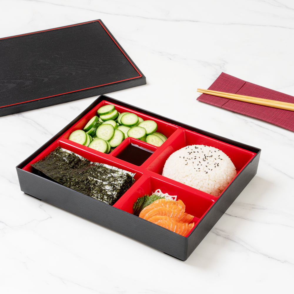 Bento Tek Rectangle Black and Red Large Japanese Style Bento Box - 5 Compartments - 12 1/4" x 9 3/4" x 2 1/4" - 1 count box