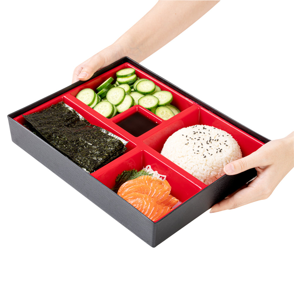 Bento Tek Rectangle Black and Red Large Japanese Style Bento Box - 5 Compartments - 12 1/4" x 9 3/4" x 2 1/4" - 1 count box