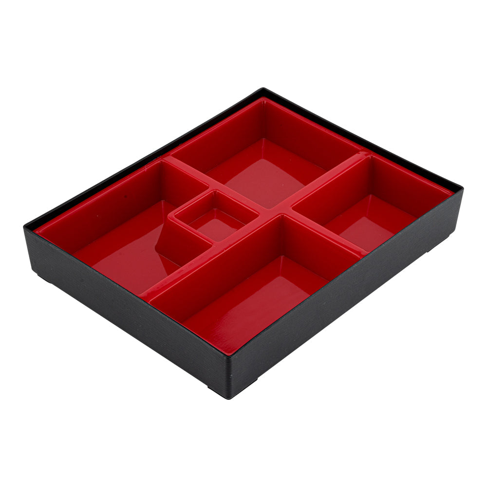 Bento Tek Rectangle Black and Red Large Japanese Style Bento Box - 5 Compartments - 12 1/4" x 9 3/4" x 2 1/4" - 1 count box
