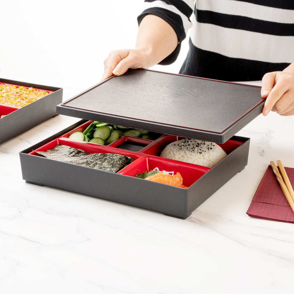 Bento Tek Rectangle Black and Red Large Japanese Style Bento Box - 5 Compartments - 12 1/4" x 9 3/4" x 2 1/4" - 1 count box
