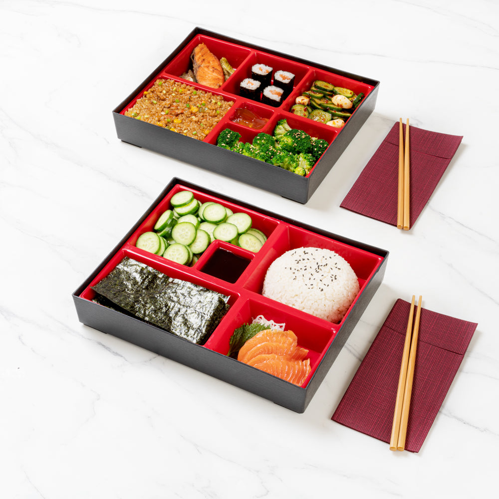 Bento Tek Rectangle Black and Red Large Japanese Style Bento Box - 5 Compartments - 12 1/4" x 9 3/4" x 2 1/4" - 1 count box
