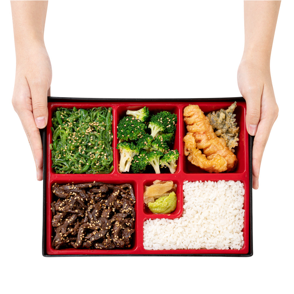 Bento Tek Rectangle Black and Red Small Japanese Style Bento Box - 6 Compartments - 10 3/4" x 8 1/4" x 2 1/4" - 1 count box