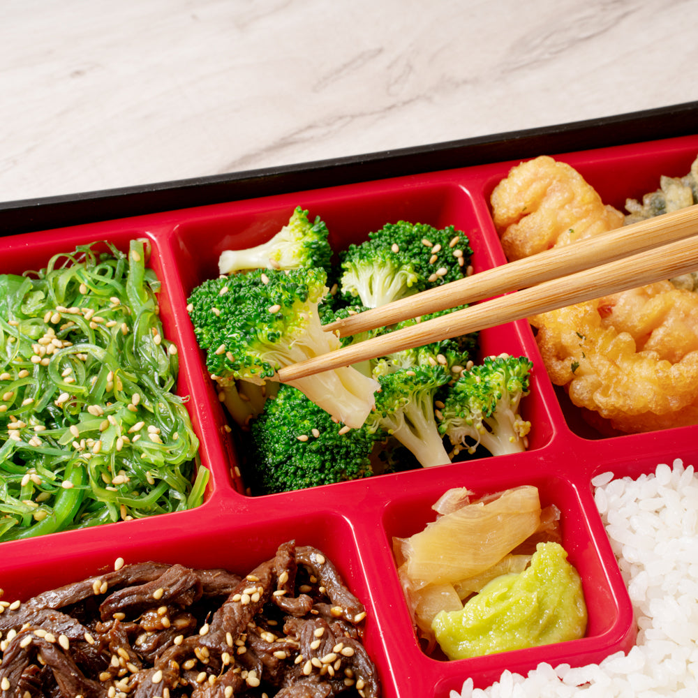 Bento Tek Rectangle Black and Red Small Japanese Style Bento Box - 6 Compartments - 10 3/4" x 8 1/4" x 2 1/4" - 1 count box