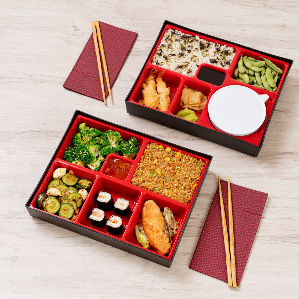 Bento Tek Rectangle Black and Red Large Japanese Style Bento Box - 6 Compartments - 12 1/4" x 9 3/4" x 2 1/4" - 1 count box