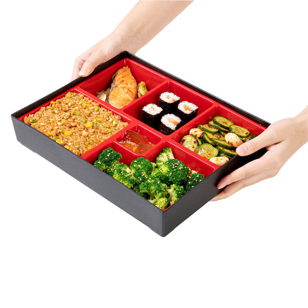 Bento Tek Rectangle Black and Red Large Japanese Style Bento Box - 6 Compartments - 12 1/4" x 9 3/4" x 2 1/4" - 1 count box
