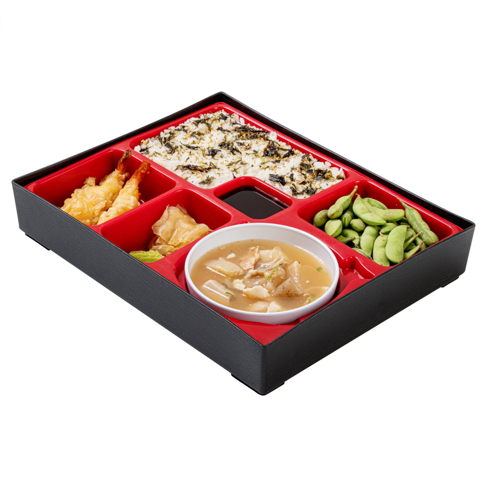 Bento Tek Rectangle Black and Red Large Japanese Style Bento Box - 6 Compartments, with Bowl - 12 1/4" x 9 3/4" x 2 1/4" - 1 count box