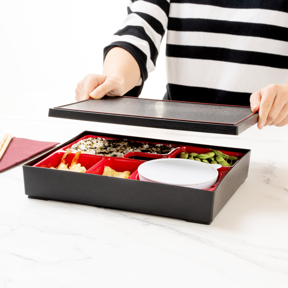 Bento Tek Rectangle Black and Red Large Japanese Style Bento Box - 6 Compartments, with Bowl - 12 1/4" x 9 3/4" x 2 1/4" - 1 count box