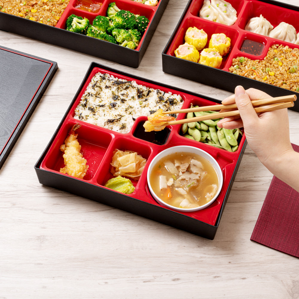 Bento Tek Rectangle Black and Red Large Japanese Style Bento Box - 6 Compartments, with Bowl - 12 1/4" x 9 3/4" x 2 1/4" - 1 count box