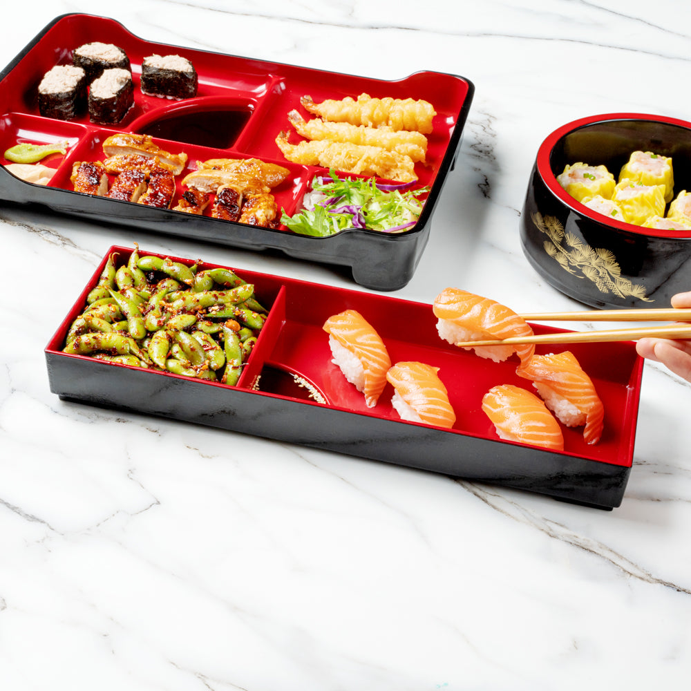 Bento Tek Black and Red Japanese Style Bento Tray - 2 Compartments - 14" x 4 3/4" x 1 3/4" - 1 count box