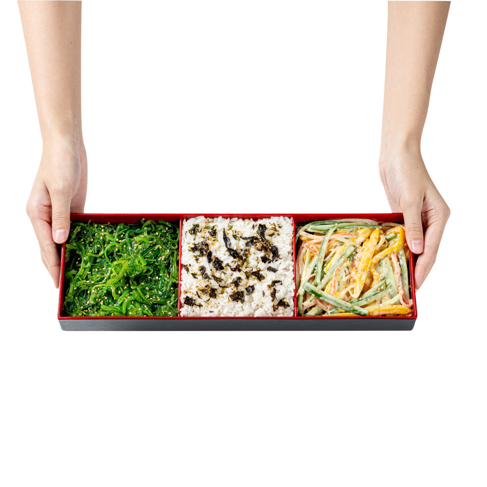 Bento Tek Black and Red Japanese Style Bento Tray - 3 Compartments - 14" x 4 3/4" x 1 3/4" - 1 count box