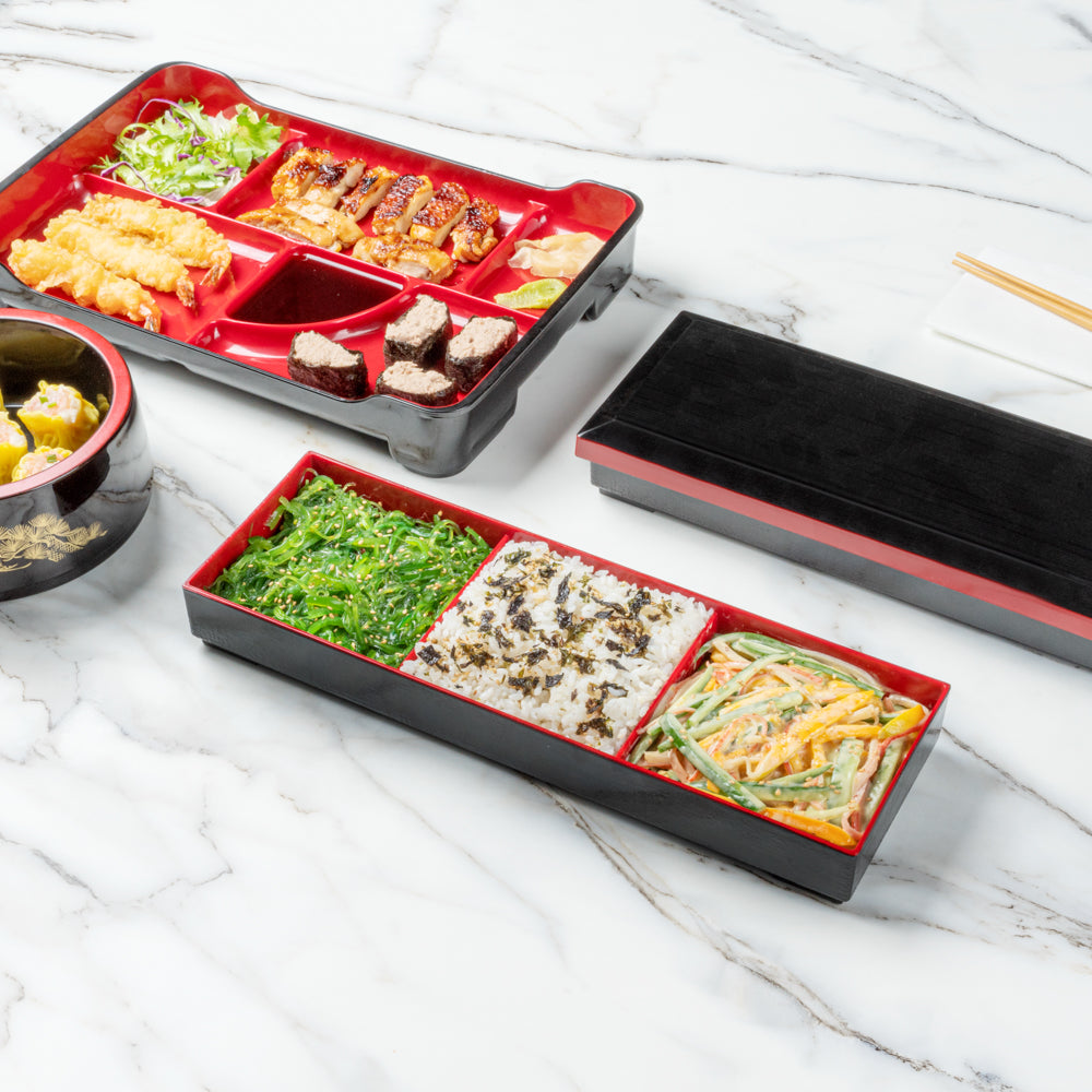 Bento Tek Black and Red Japanese Style Bento Tray - 3 Compartments - 14" x 4 3/4" x 1 3/4" - 1 count box