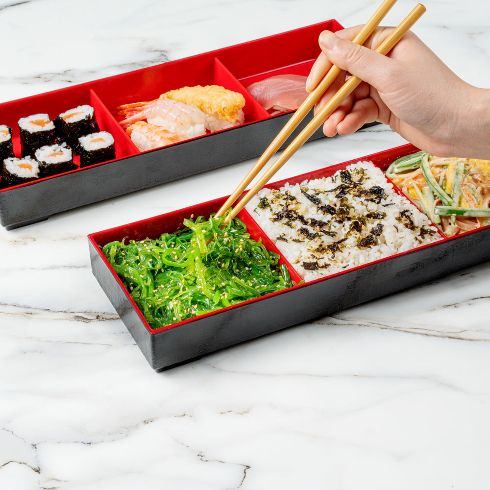 Bento Tek Black and Red Japanese Style Bento Tray - 3 Compartments - 14" x 4 3/4" x 1 3/4" - 1 count box