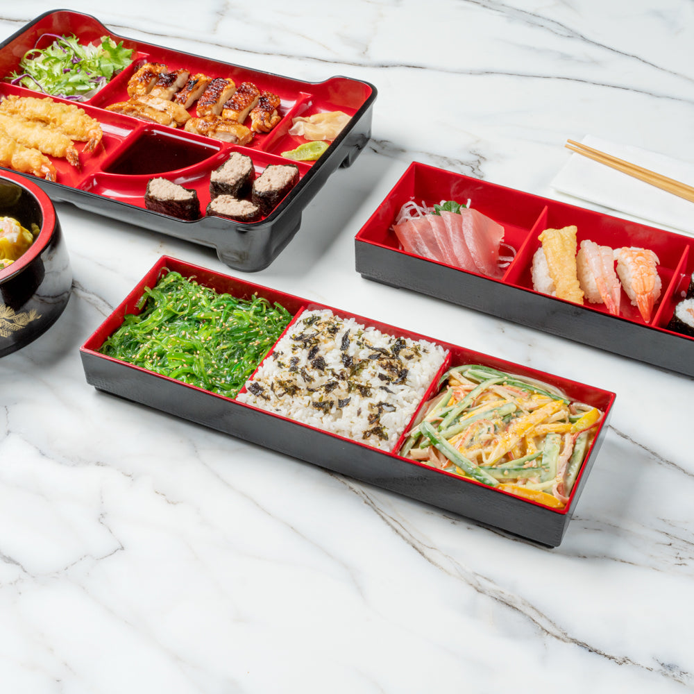 Bento Tek Black and Red Japanese Style Bento Tray - 3 Compartments - 14" x 4 3/4" x 1 3/4" - 1 count box