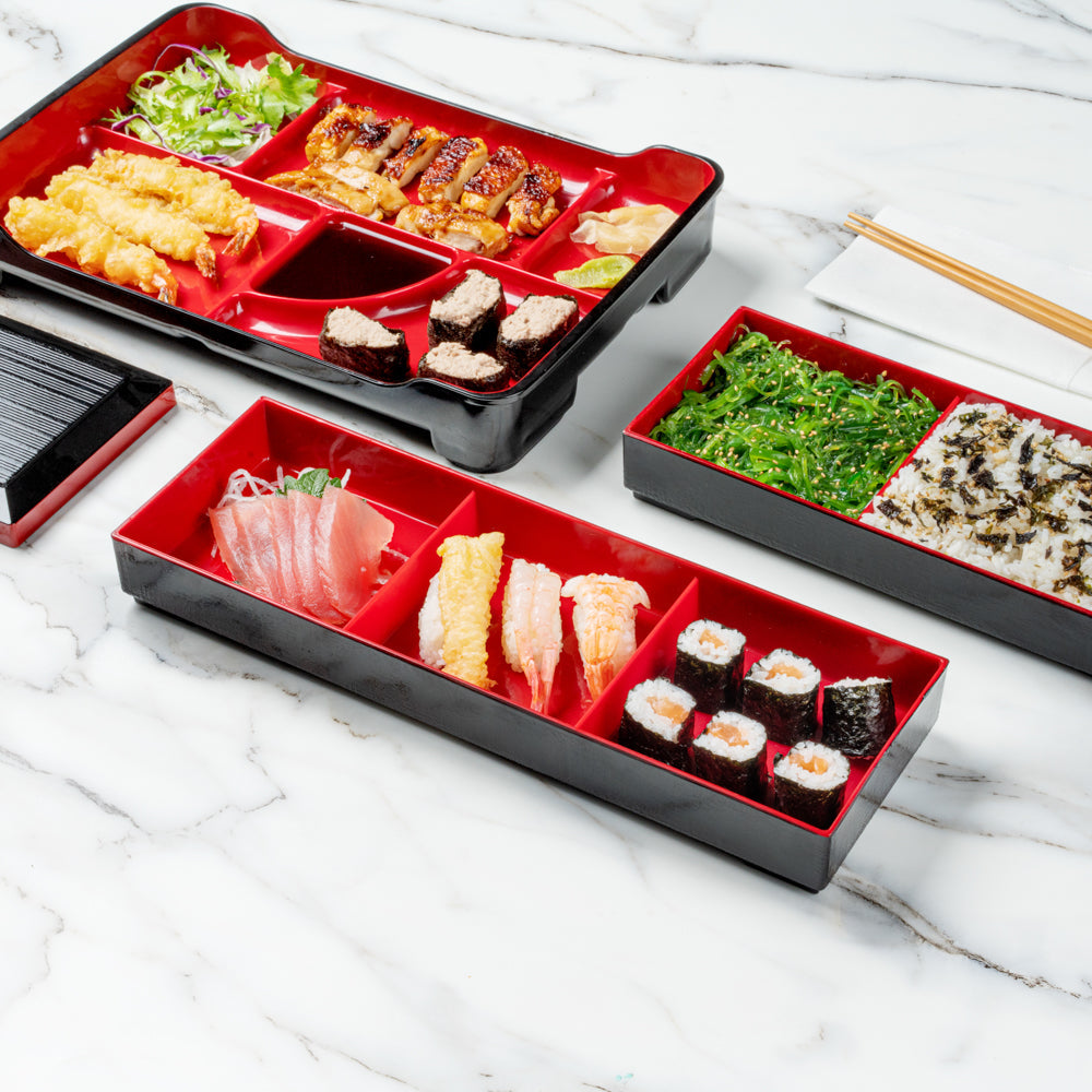 Bento Tek Rectangle Black and Red Japanese Style Bento Box - 3 Compartments - 14" x 4 3/4" x 2 1/4" - 1 count box