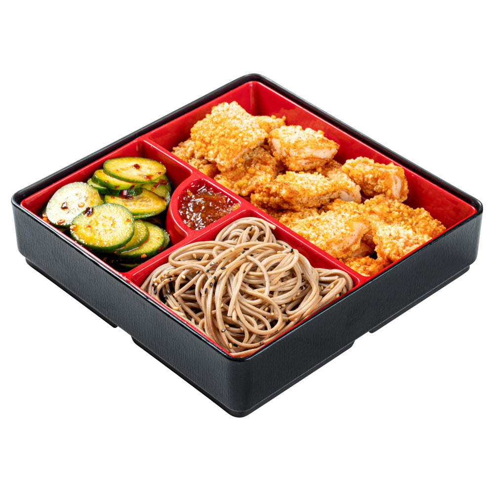 Bento Tek Square Black and Red Japanese Style Bento Box - 4 Compartments - 8 1/4" x 8 1/4" x 2 1/4" - 1 count box