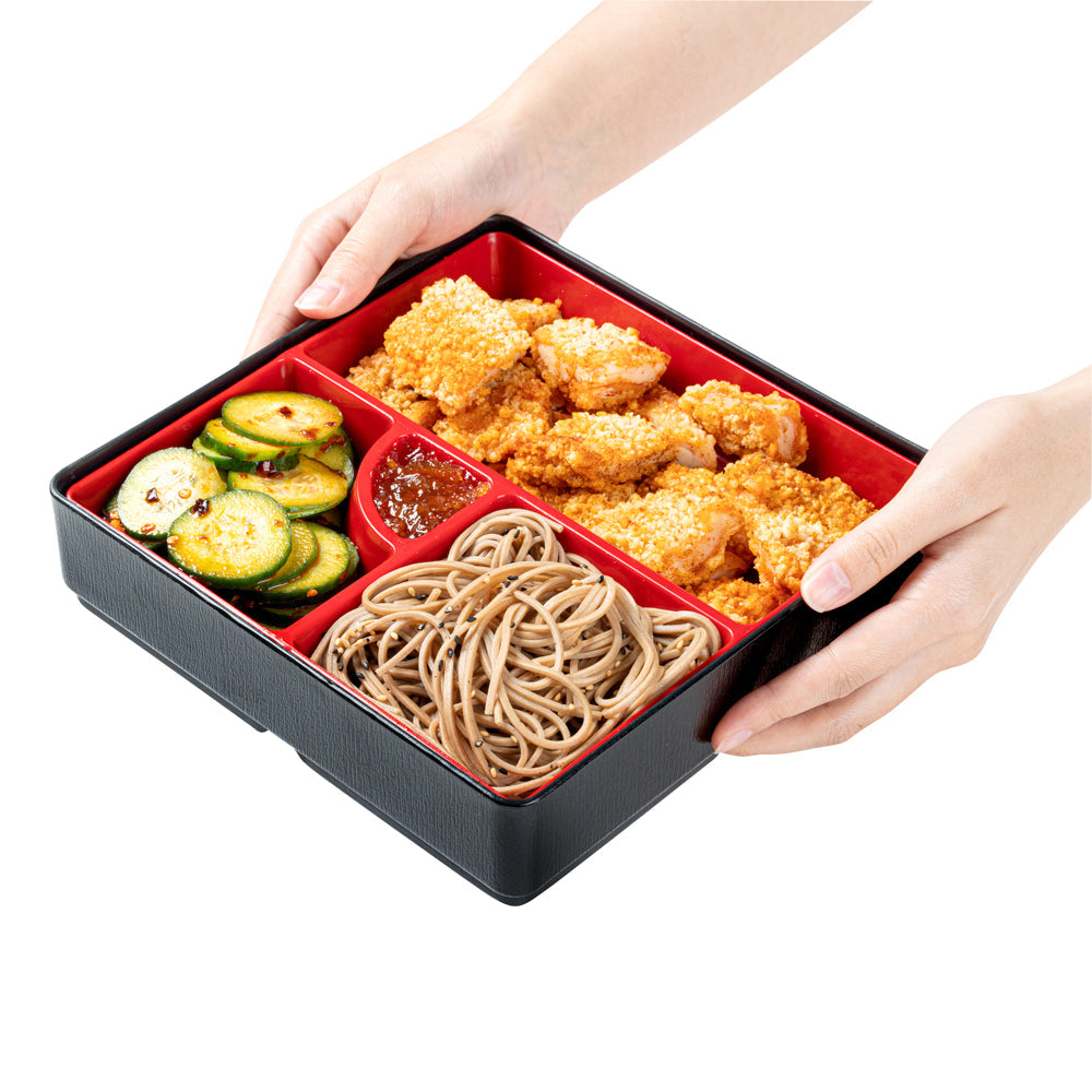 Bento Tek Square Black and Red Japanese Style Bento Box - 4 Compartments - 8 1/4" x 8 1/4" x 2 1/4" - 1 count box