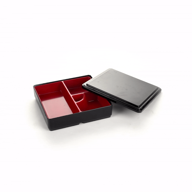 Bento Tek Square Black and Red Japanese Style Bento Box - 4 Compartments - 8 1/4" x 8 1/4" x 2 1/4" - 1 count box