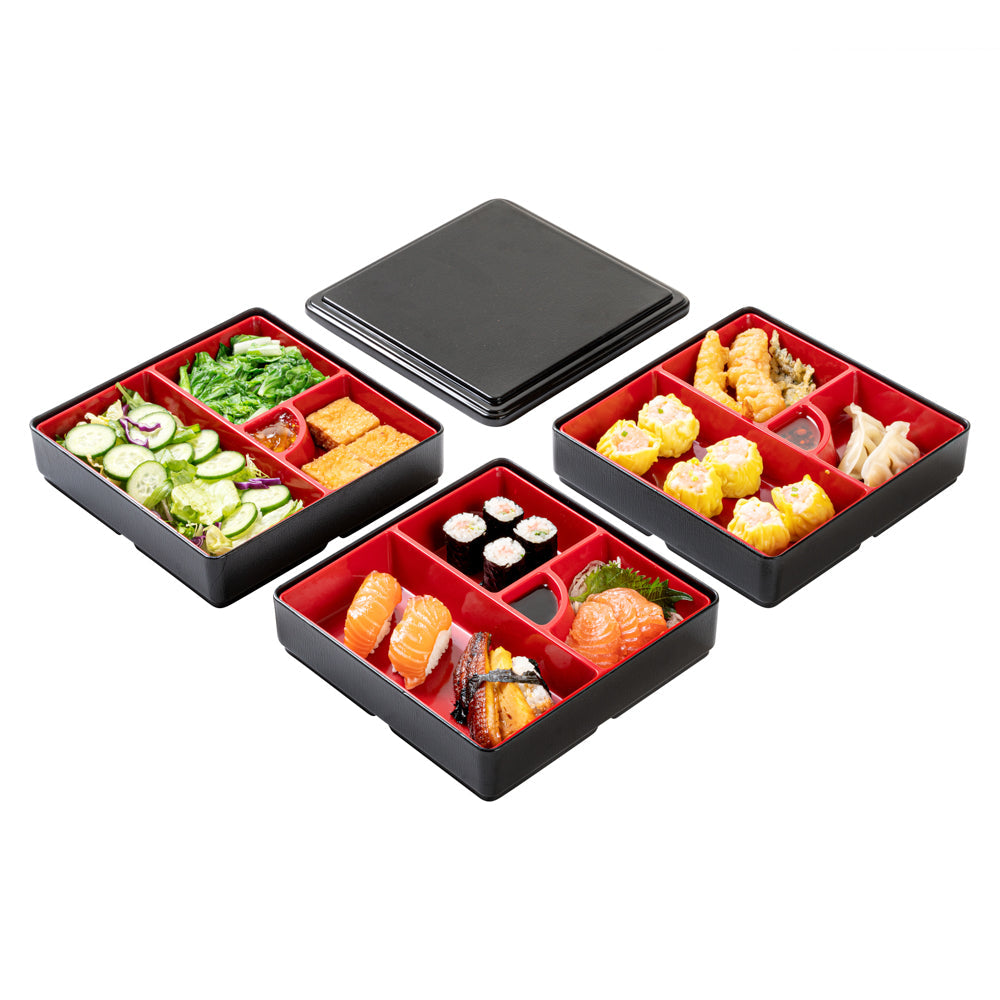 Bento Tek Square Black and Red Japanese Style Bento Box - 4 Compartments, 3 Layers - 8 1/4" x 8 1/4" x 6" - 1 count box