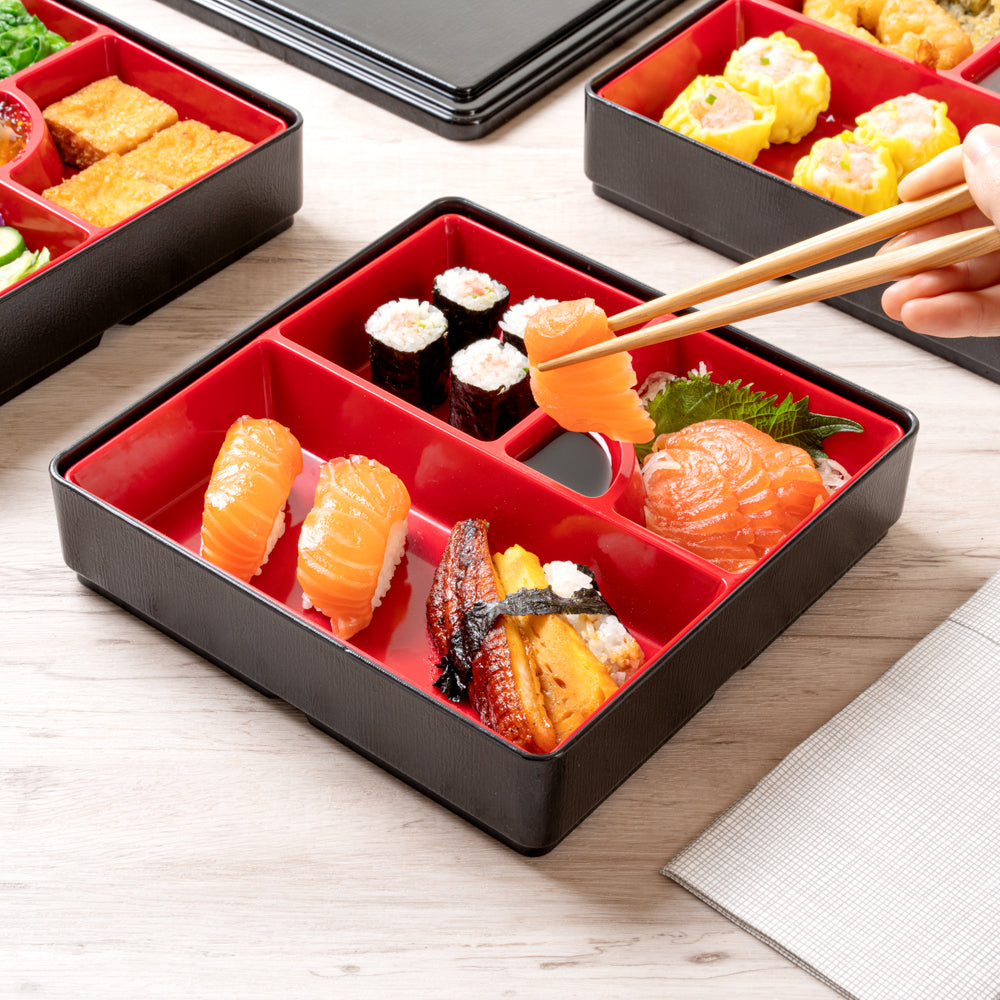Bento Tek Square Black and Red Japanese Style Bento Box - 4 Compartments, 3 Layers - 8 1/4" x 8 1/4" x 6" - 1 count box