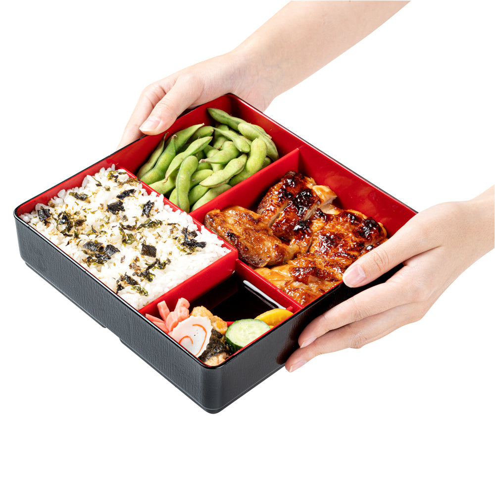 Bento Tek Square Black and Red Japanese Style Bento Box - 5 Compartments - 8 1/4" x 8 1/4" x 2 1/4" - 1 count box