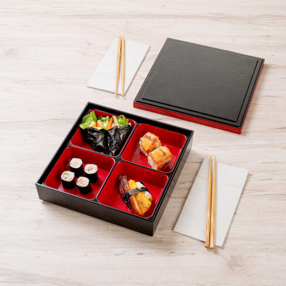 Bento Tek Square Black and Red Japanese Style Bento Box - 4 Compartments - 10" x 10" x 2 1/4" - 1 count box