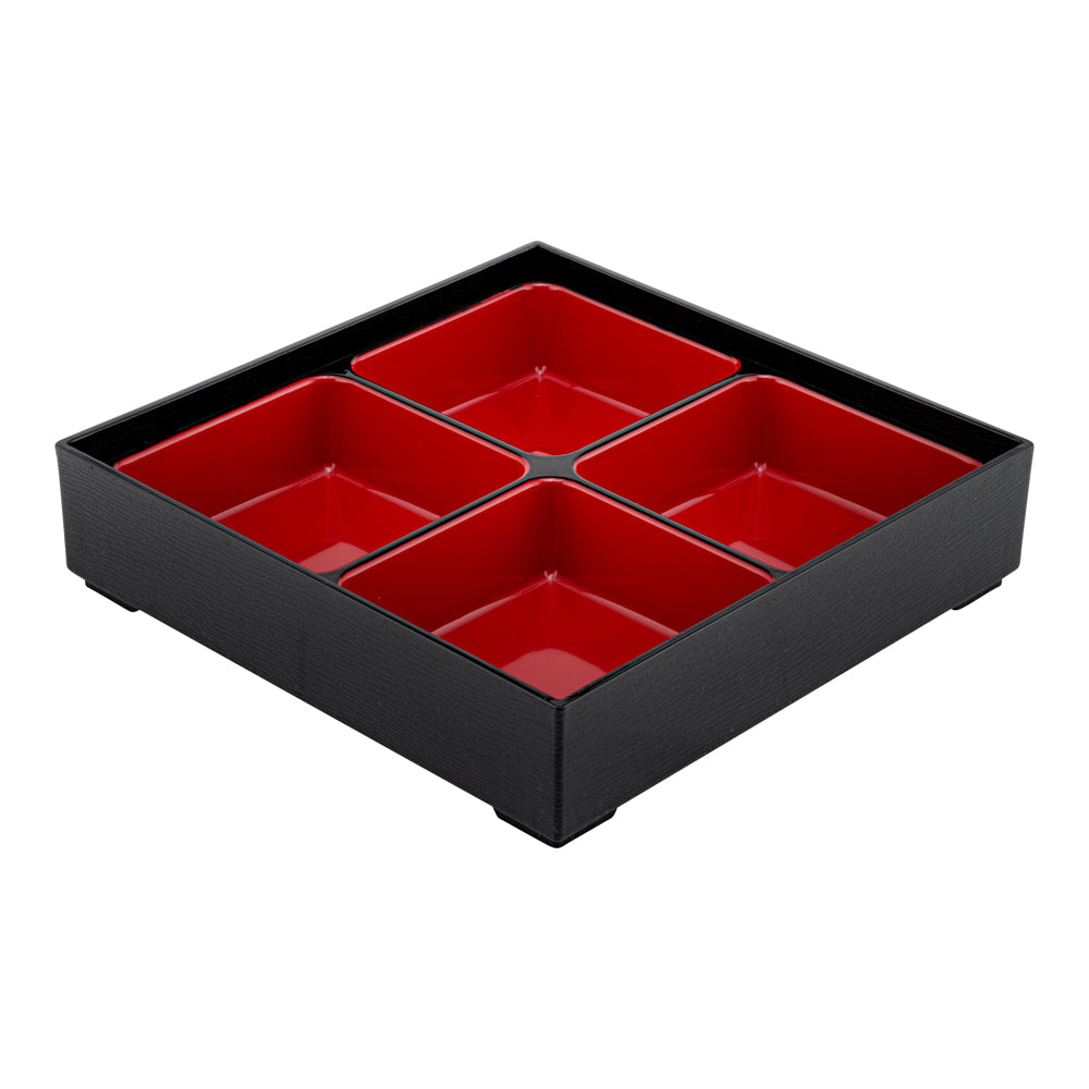 Bento Tek Square Black and Red Japanese Style Bento Box - 4 Compartments - 10" x 10" x 2 1/4" - 1 count box