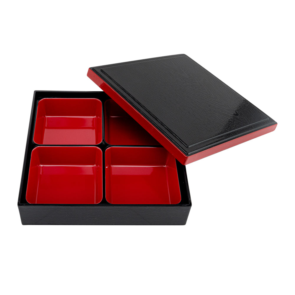 Bento Tek Square Black and Red Japanese Style Bento Box - 4 Compartments - 10" x 10" x 2 1/4" - 1 count box