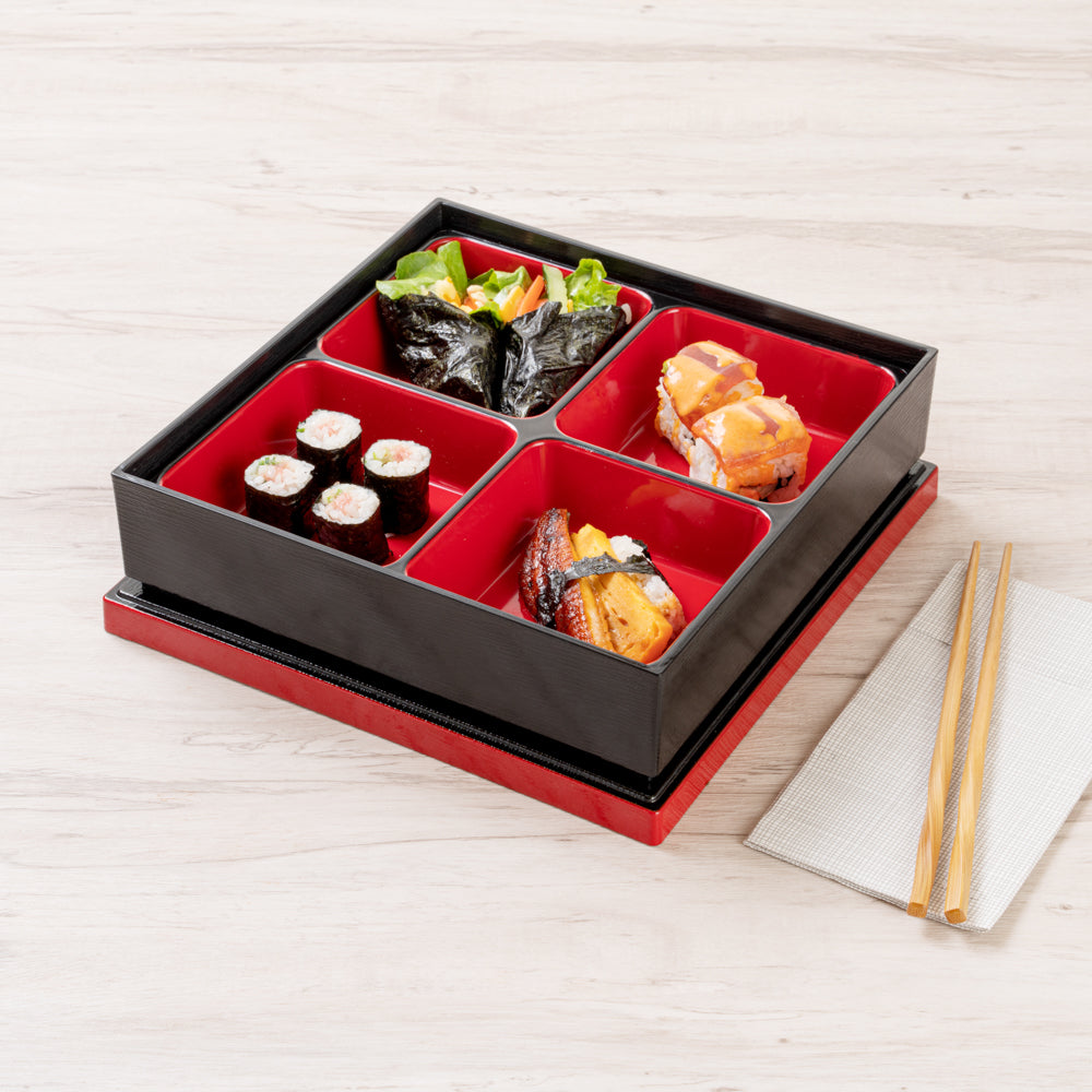 Bento Tek Square Black and Red Japanese Style Bento Box - 4 Compartments - 10" x 10" x 2 1/4" - 1 count box