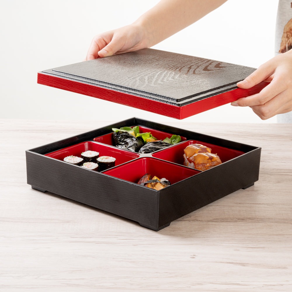 Bento Tek Square Black and Red Japanese Style Bento Box - 4 Compartments - 10" x 10" x 2 1/4" - 1 count box
