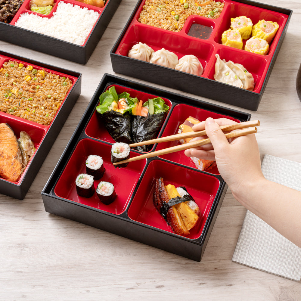 Bento Tek Square Black and Red Japanese Style Bento Box - 4 Compartments - 10" x 10" x 2 1/4" - 1 count box