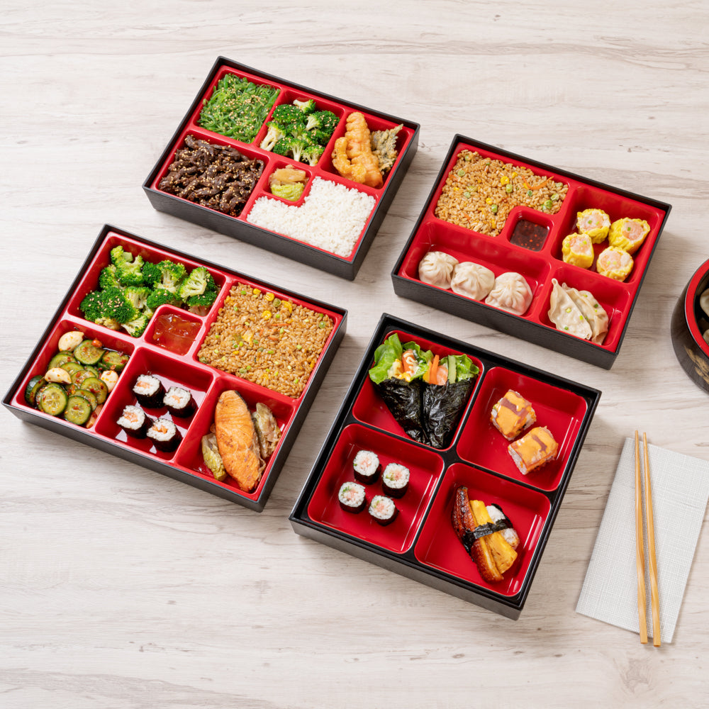Bento Tek Square Black and Red Japanese Style Bento Box - 4 Compartments - 10" x 10" x 2 1/4" - 1 count box
