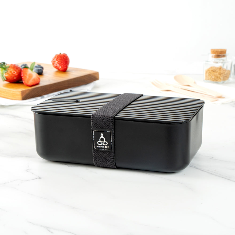 Bento Tek 34 oz Black Buddha Box Lunch Container - with Black Lid - 7 1/2" x 4 3/4" x 2 1/2" - 1 count box