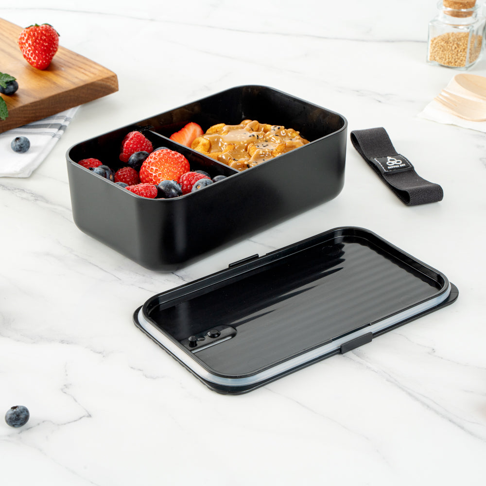 Bento Tek 34 oz Black Buddha Box Lunch Container - with Black Lid - 7 1/2" x 4 3/4" x 2 1/2" - 1 count box